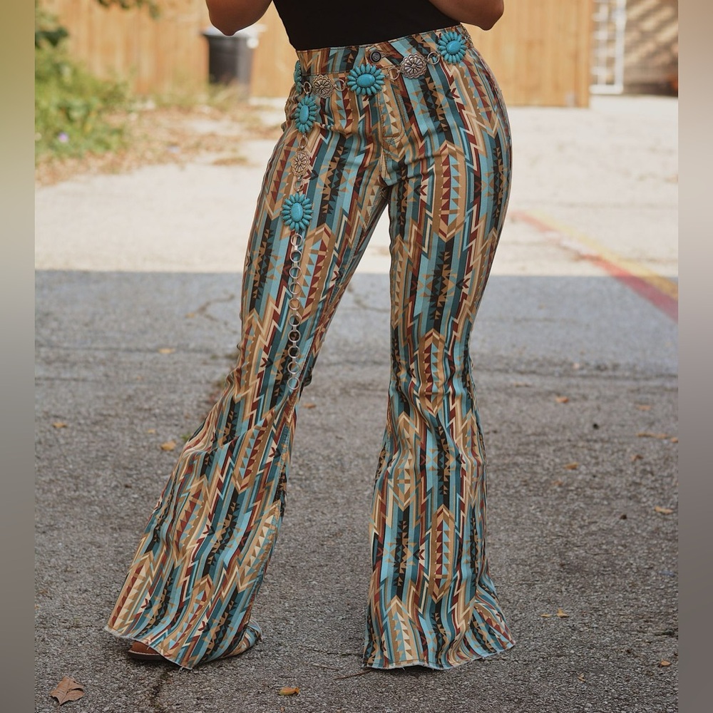 High Rise Aztec Print Western Cowgirl Denim Jeans
